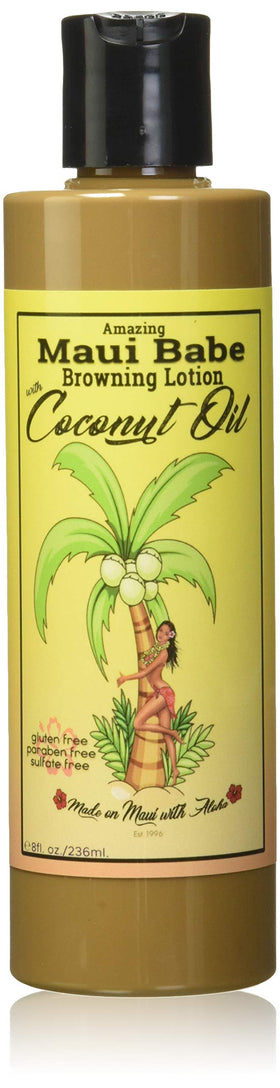 Maui Babe front label packaging showing 8oz bottle and natural coconut benefits