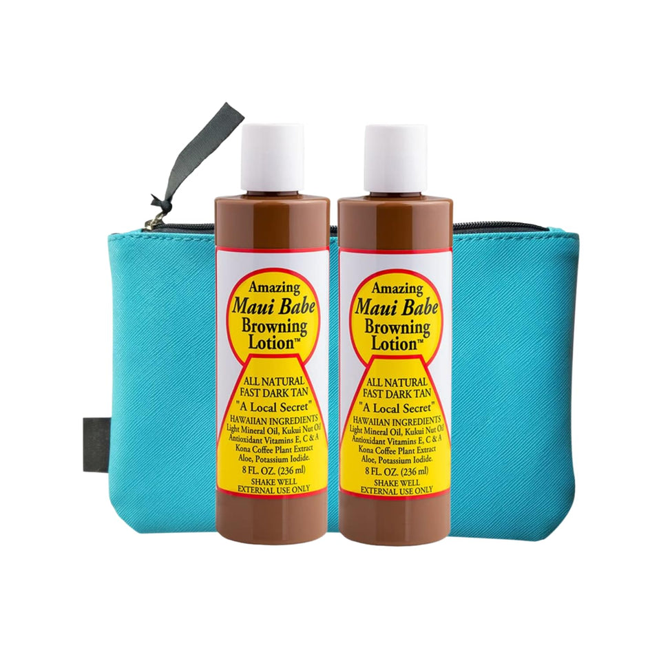 Nautical Crush Trading Maui Babe front packaging showing two 8oz bottles and makeup bag benefits quick tan