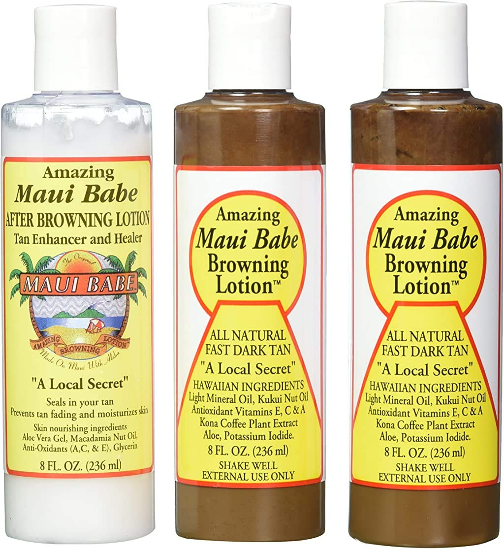 Maui Babe front pack showing three bottles and travel-friendly sizing benefits