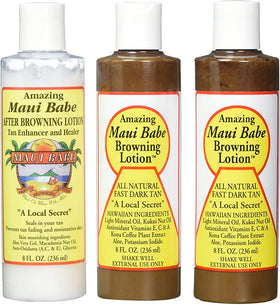 Maui Babe front pack showing three bottles and travel-friendly sizing benefits