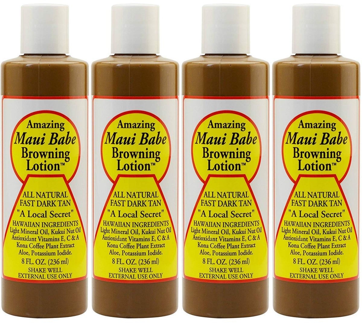 Maui Babe front packaging showing four bottles and easy travel use