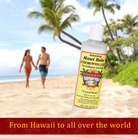 Maui Babe bottle inside beach bag conveying post-sun care portability and on-the-go hydration