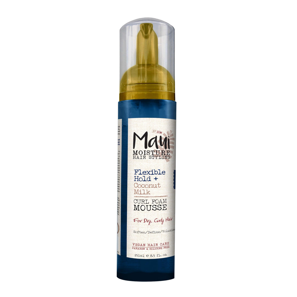 Maui Moisture front packaging showing coconut milk curl mousse benefits