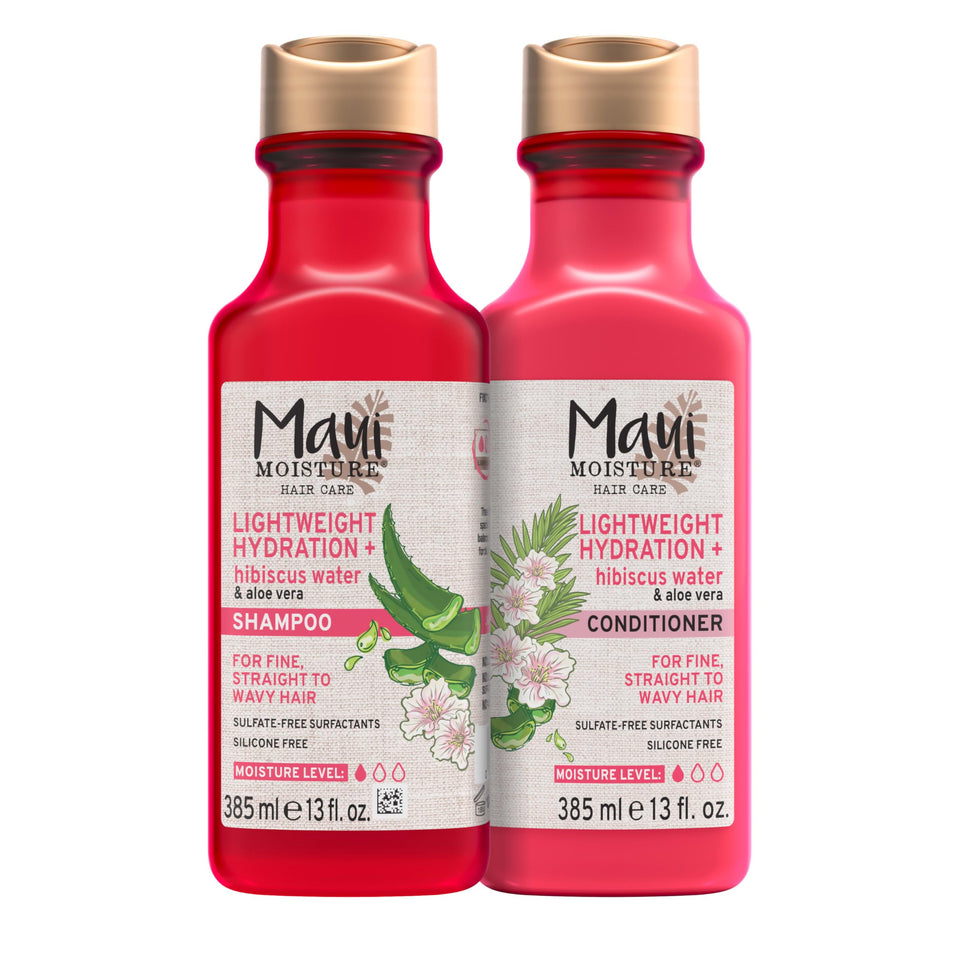 Maui Moisture front-packaging duo showing two bottles and benefits