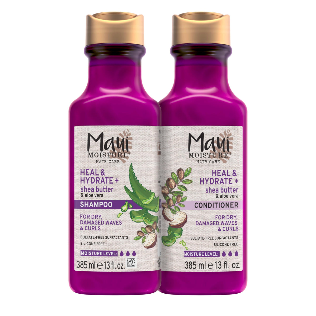 maui moisture front packaging showing two 13 fl oz bottles and benefit: hydration