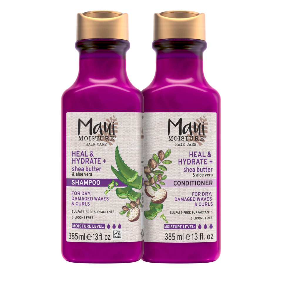 maui moisture front packaging showing two 13 fl oz bottles and benefit: hydration