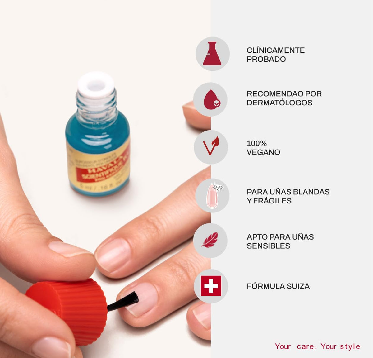 MAVALA before-and-after nail tips comparison, illustrates reduced splitting benefit