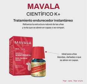 MAVALA close-up of glossy clear formula texture, highlights fast absorption benefit