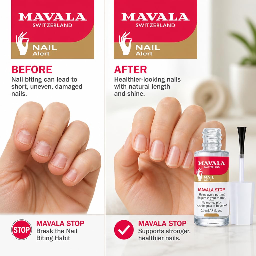 MAVALA brush applying clear treatment on nail to discourage nail-biting effectively