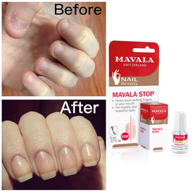 MAVALA stop clear finish closeup highlighting glossy enamel and neat nails benefit