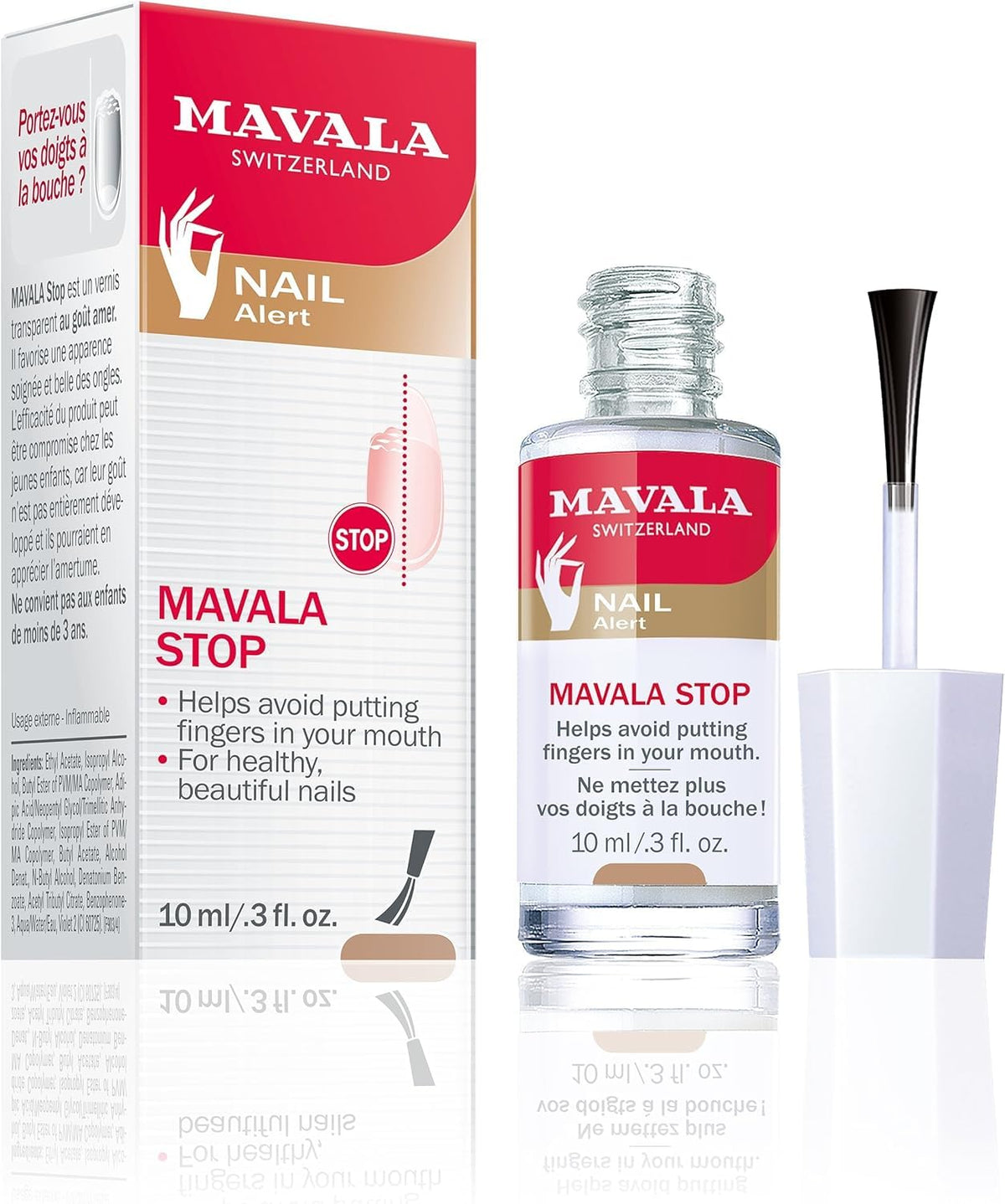 MAVALA bottle front view showing compact deterrent nail treatment and portability