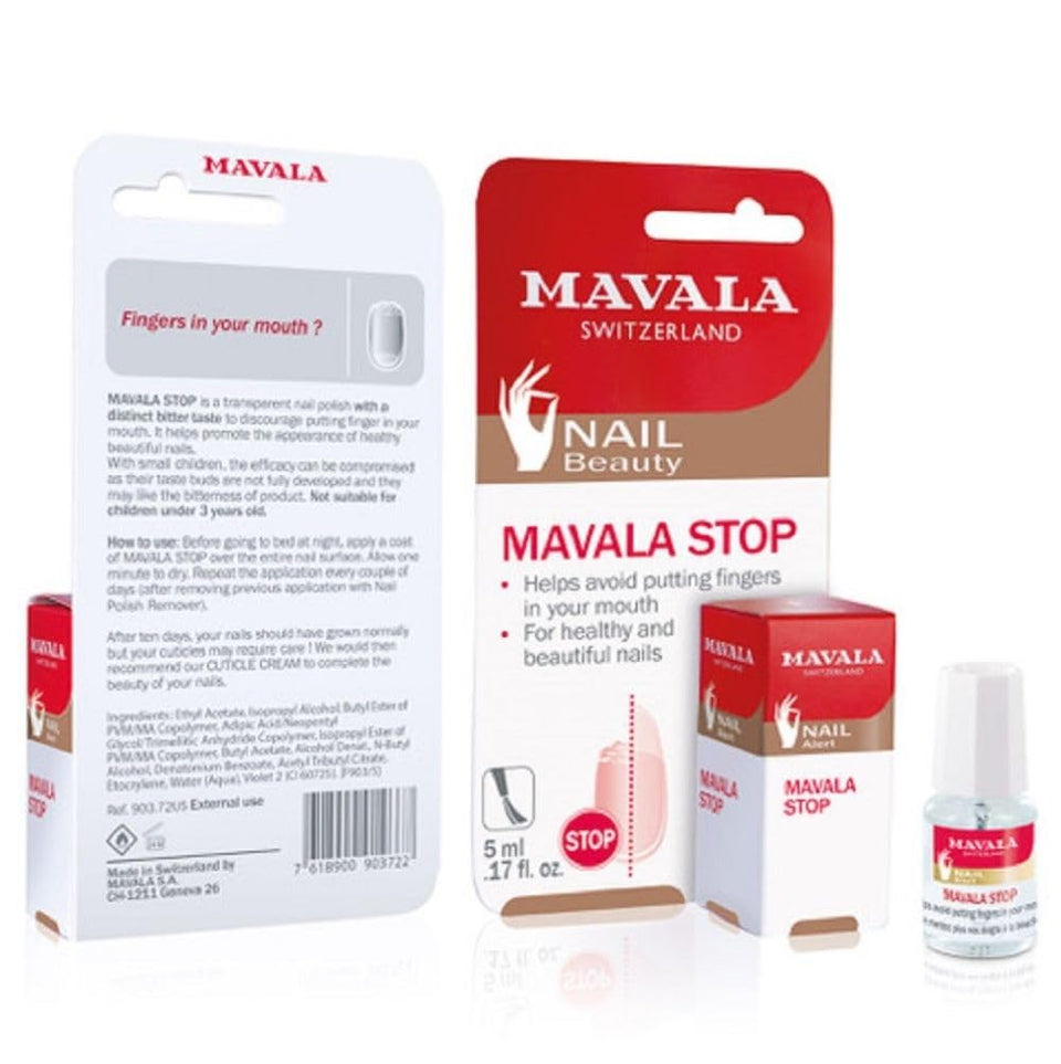 MAVALA stop front bottle shows compact 0.17 oz design and easy storage benefit