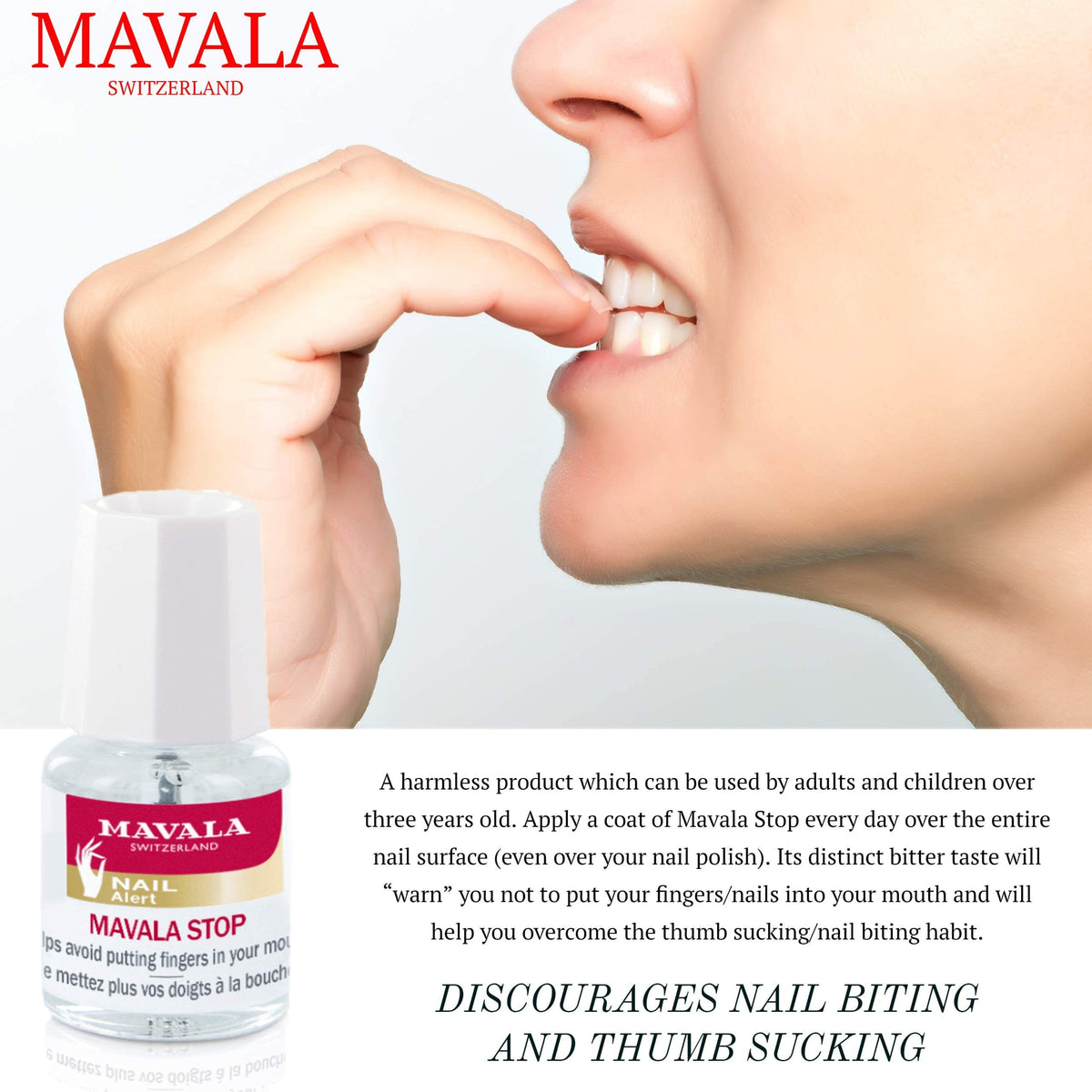 MAVALA stop size comparison alongside a coin showing portable 0.17 oz bottle advantage
