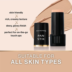 Max Factor Pan Stik inside a handbag lifestyle shot highlighting easy touch-ups on the move