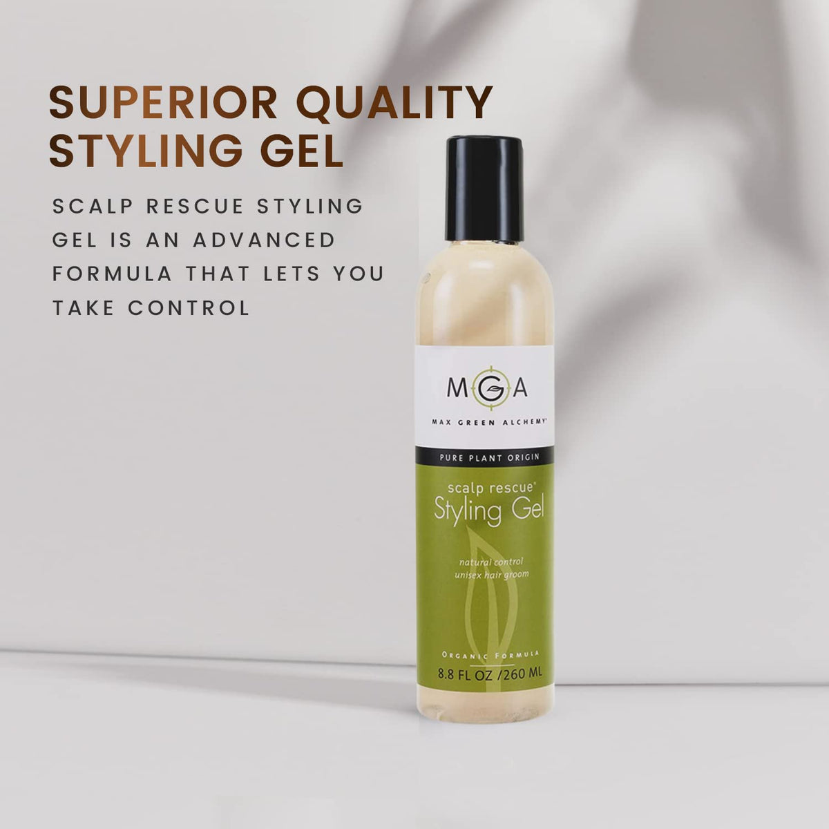 Max Green Alchemy bottle on bathroom shelf lifestyle shot for daily routine appeal
