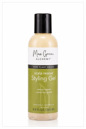 Max Green Alchemy front bottle showing clean organic styling gel for soft hold