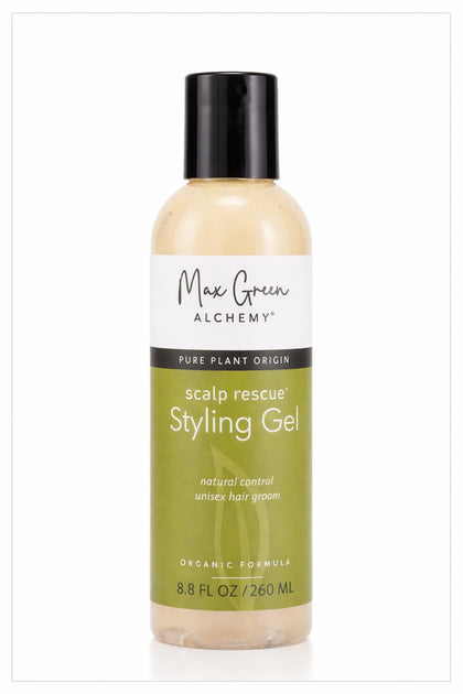 Max Green Alchemy front bottle showing clean organic styling gel for soft hold