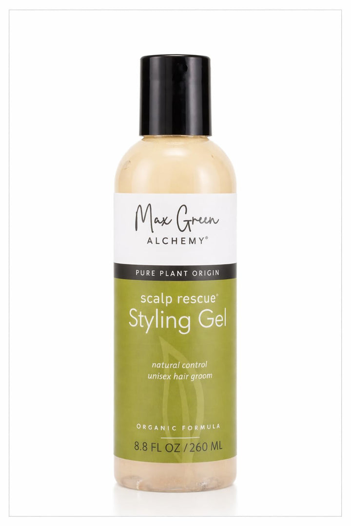 Max Green Alchemy front bottle showing clean organic styling gel for soft hold