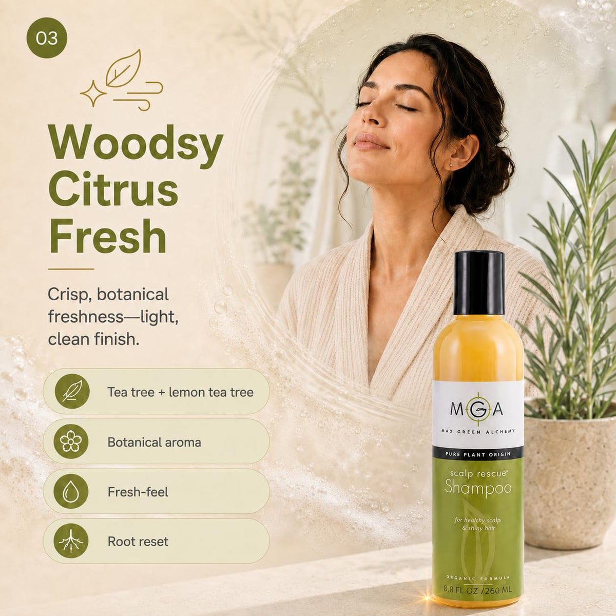 Max Green Alchemy shampoo in use under shower for soothing scalp care