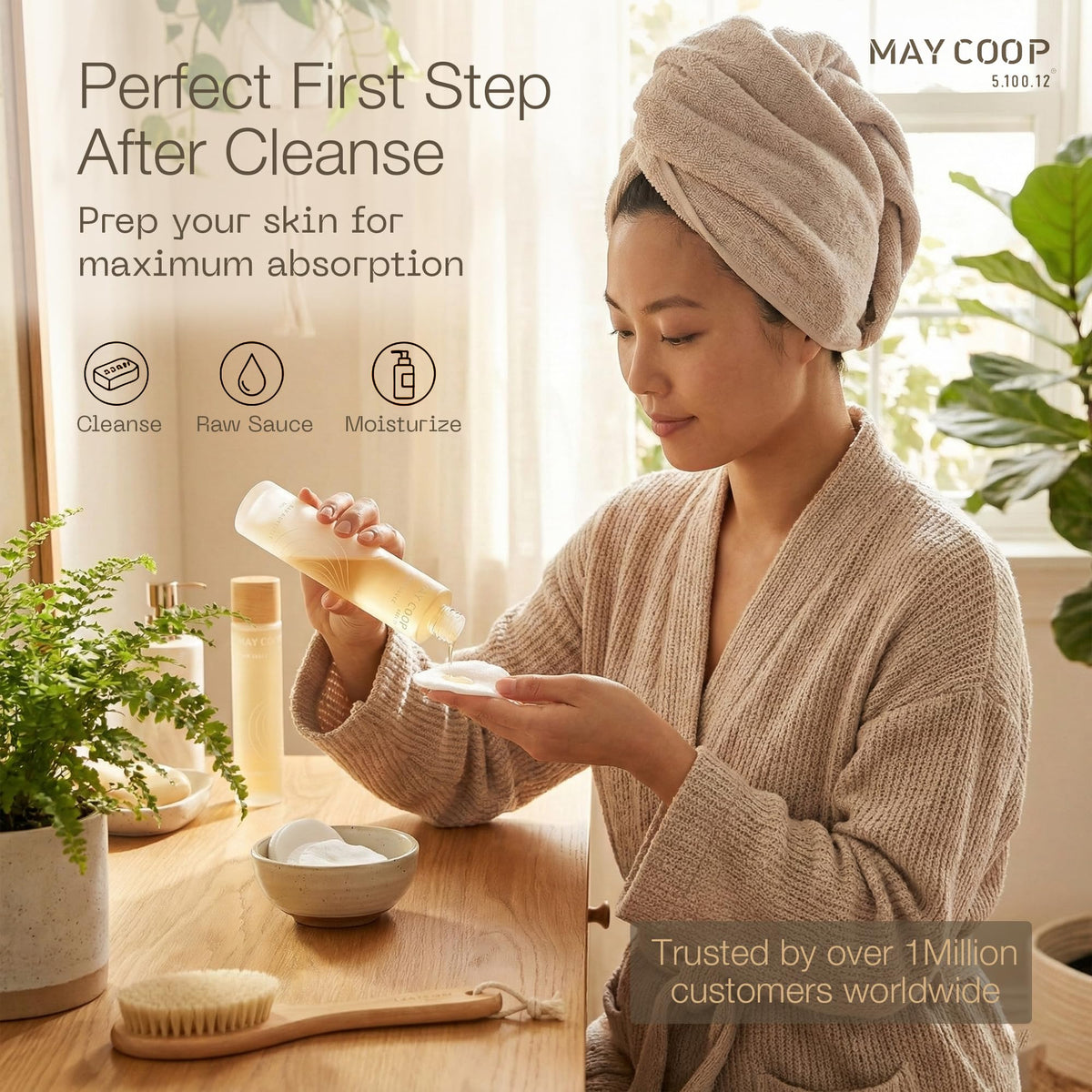 MAY COOP lifestyle bathroom scene showing calming routine and restorative hydration