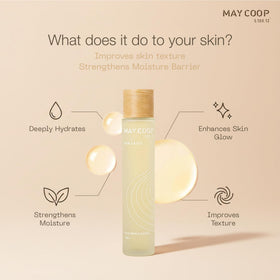 MAY COOP skin application pressing toner into face for hydrated, balanced skin