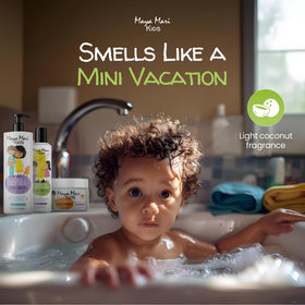 MAYA MARI child using products in bath demonstrating tear-free benefit