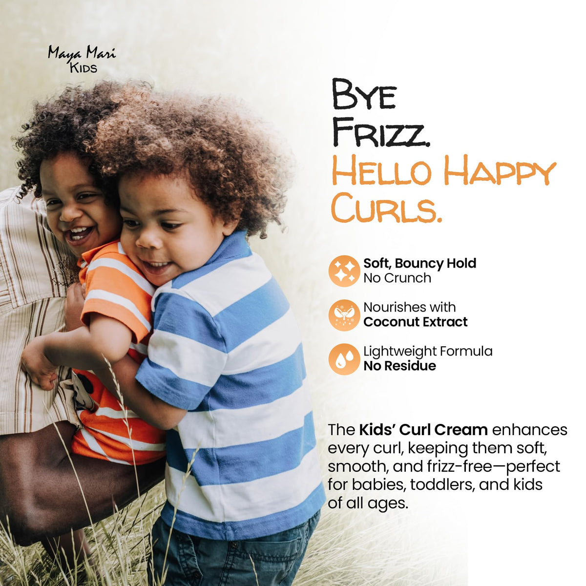 MAYA MARI applied on a toddler's curls showing defined, frizz-reduced ringlets
