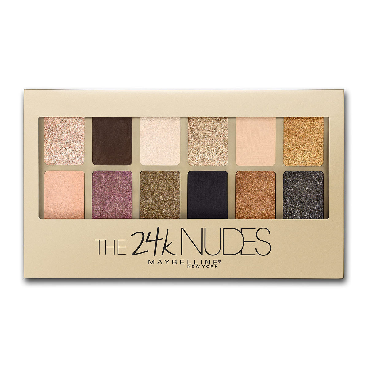 Maybelline 24K Nudes front view showing 12 shades and compact convenience