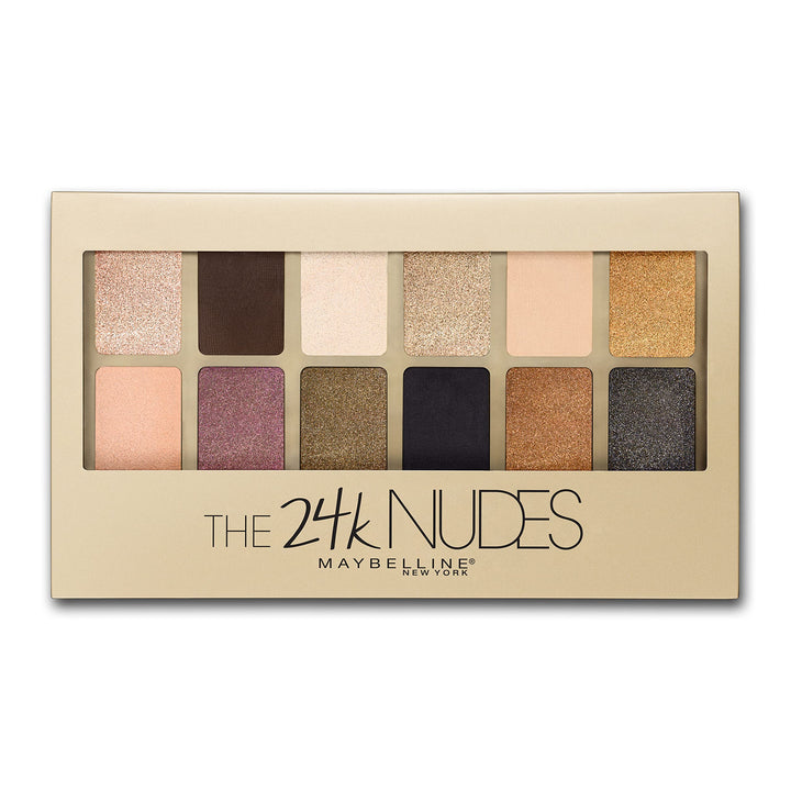 Maybelline 24K Nudes front view showing 12 shades and compact convenience