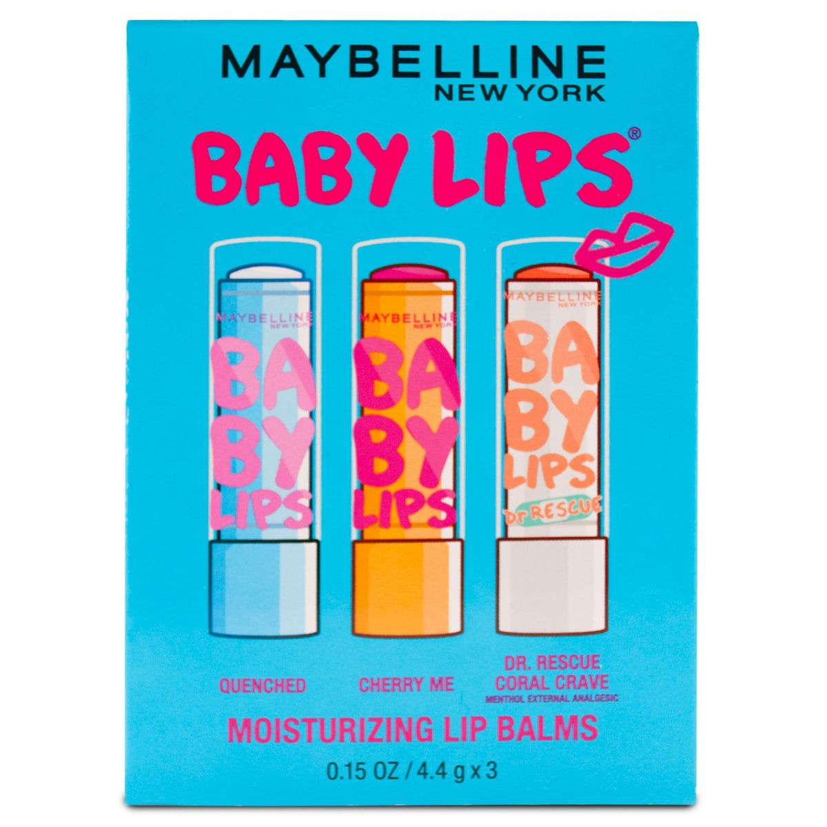 MAYBELLINE front packaging showing three Baby Lips balms and instant portability