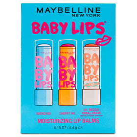 MAYBELLINE front packaging showing three Baby Lips balms and instant portability