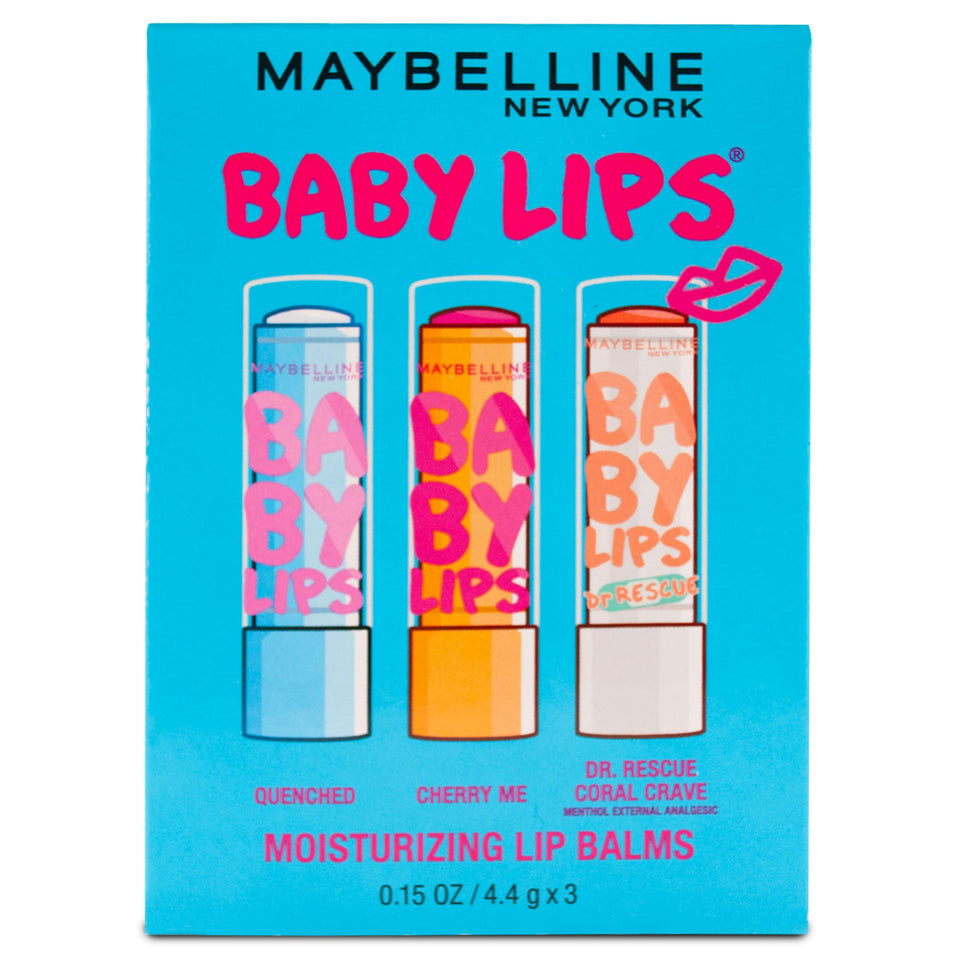 MAYBELLINE front packaging showing three Baby Lips balms and instant portability