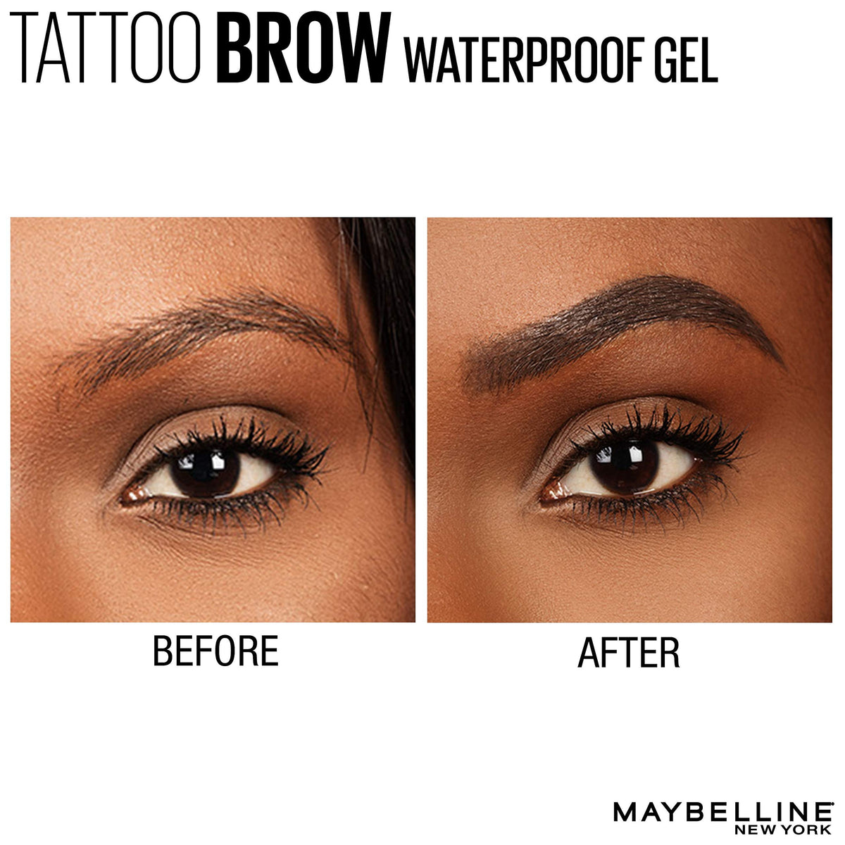 Maybelline brow before and after showing fuller brows and defined arches