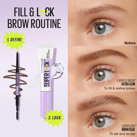 Maybelline before and after brows showing defined shape and long hold