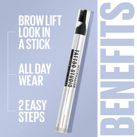 Maybelline brow stick in hand scale showing compact travel size for on‑the‑go use