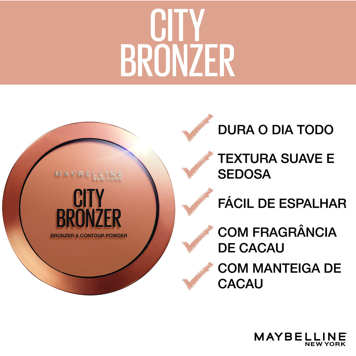 Maybelline bronzer next to brush showing size and application readiness