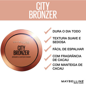 Maybelline bronzer next to brush showing size and application readiness