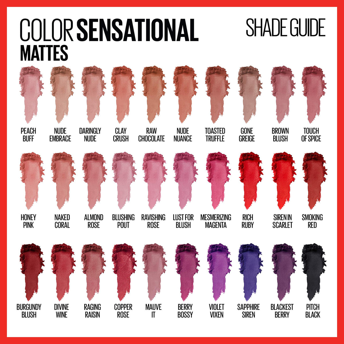Maybelline swatch palette of nude to bold shades, quick shade comparison benefit