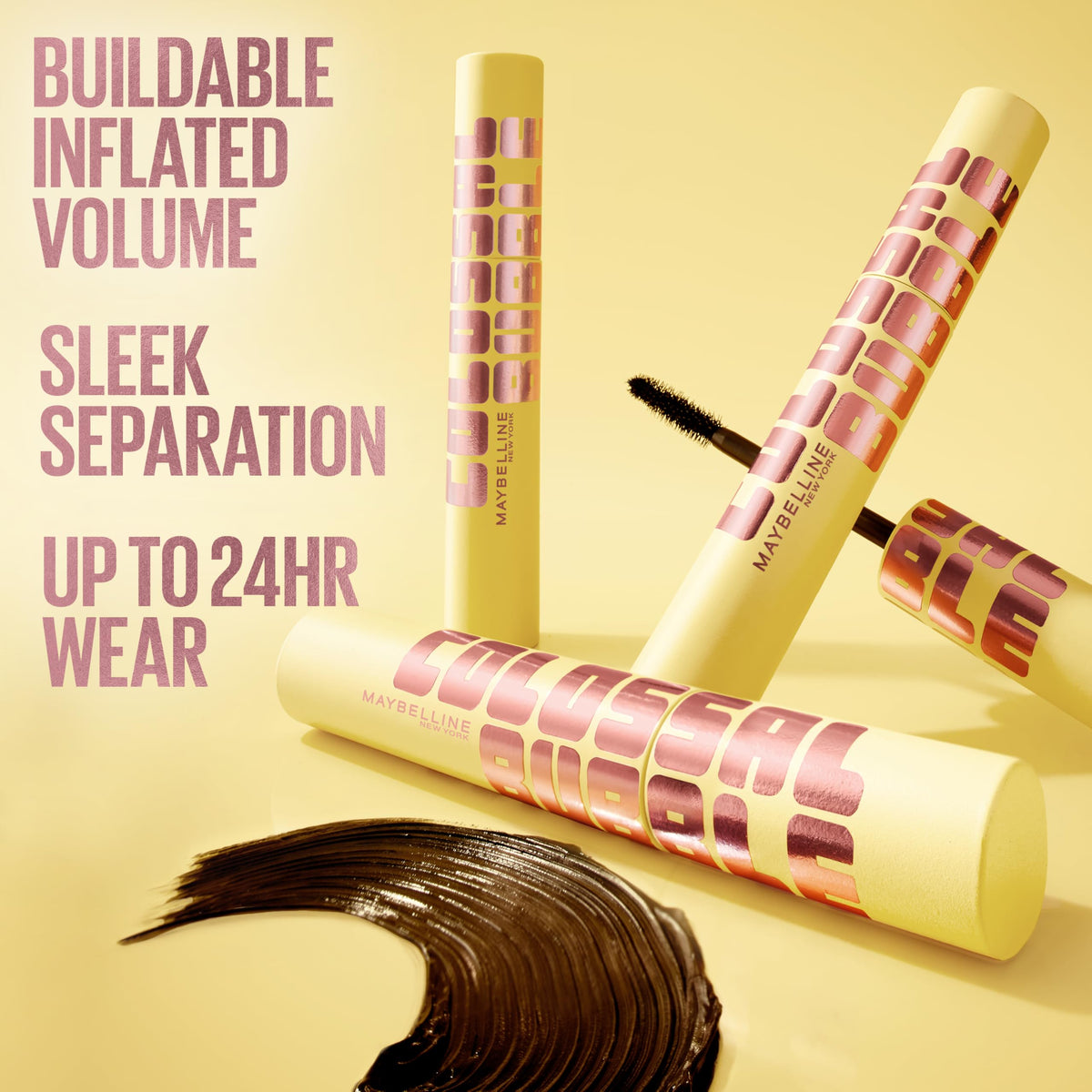 MAYBELLINE mascara formula swiped to show lightweight texture and smooth application