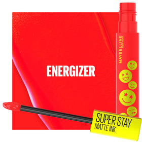 Maybelline swatch of Energizer bright red on skin displaying vivid payoff