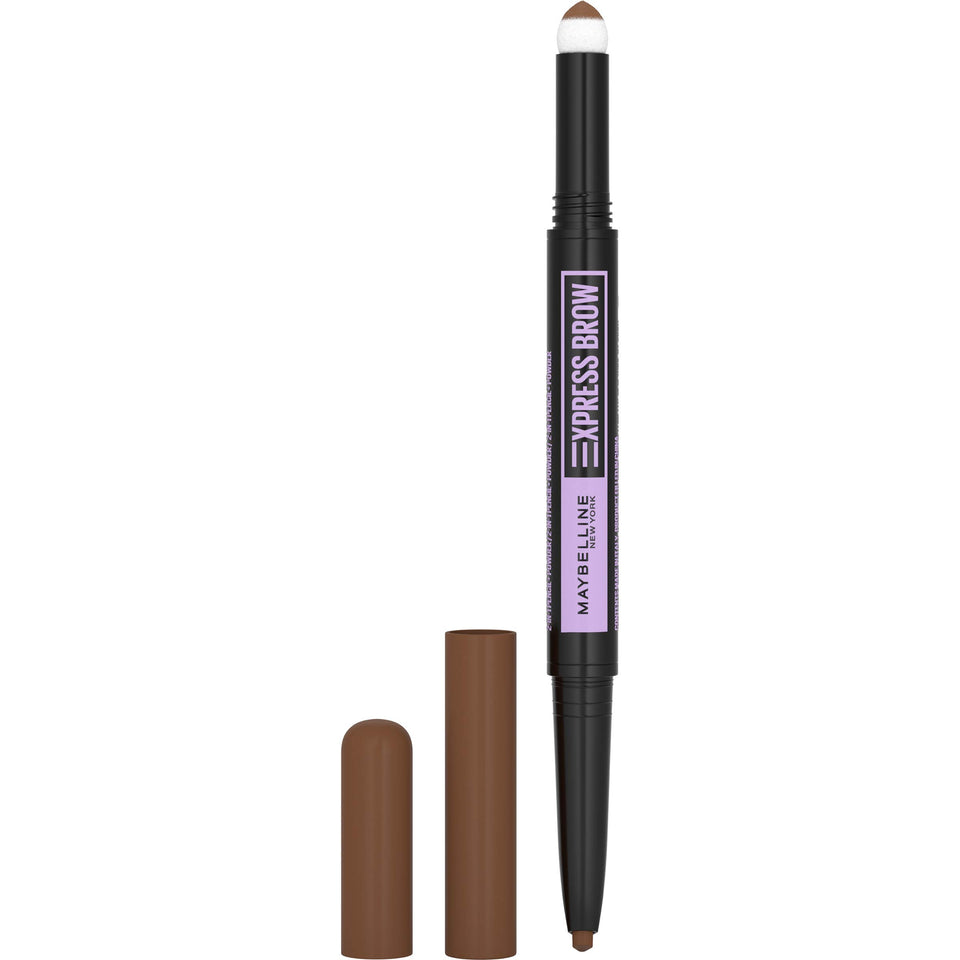 Maybelline Express Brow front packaging showing compact dual-ended tool for quick brows