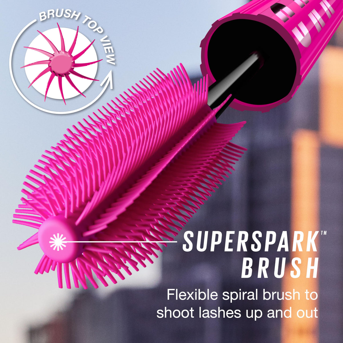 Maybelline Firework applied on model lashes showing lifted, fanned lashes and visible length
