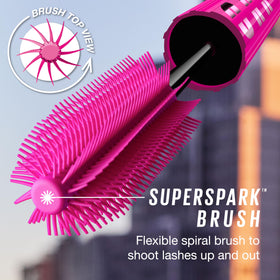 Maybelline Firework applied on model lashes showing lifted, fanned lashes and visible length