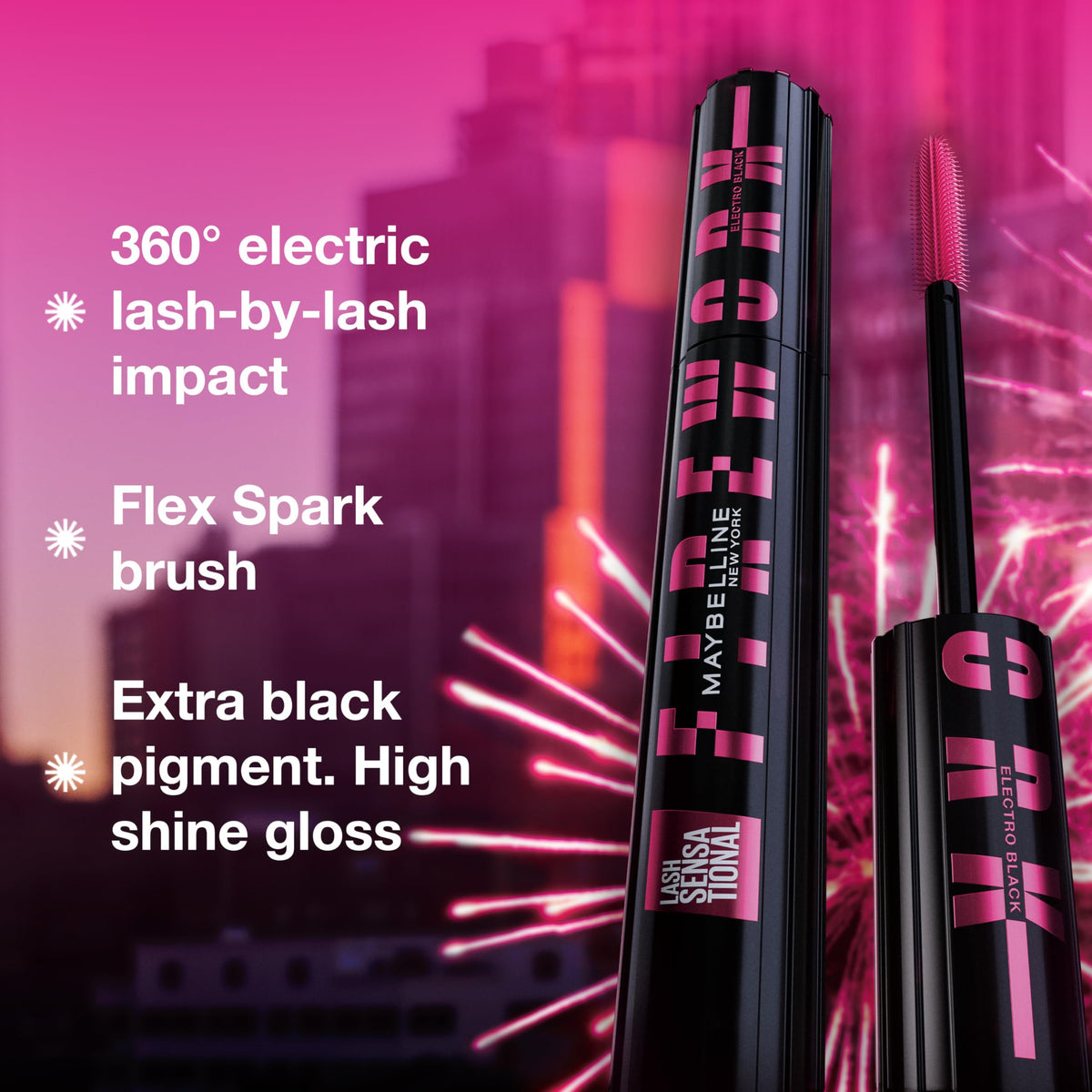 Maybelline Firework lifestyle evening look demonstrating bold, fanned lashes