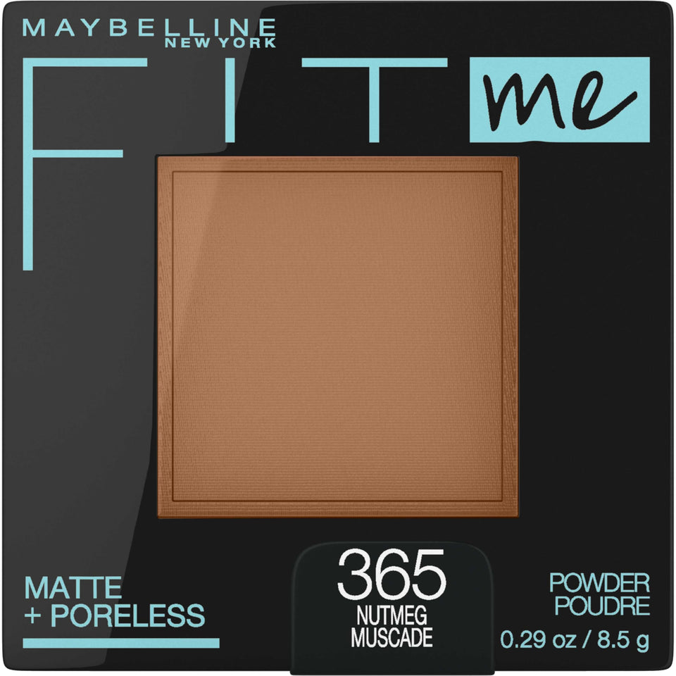 Maybelline compact front view showing Nutmeg shade and matte finish benefit
