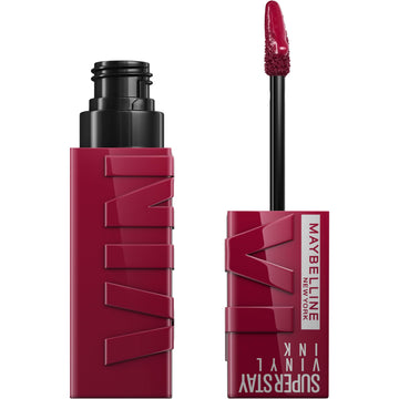 Maybelline front packaging showing berry burgundy shade and glossy finish benefit
