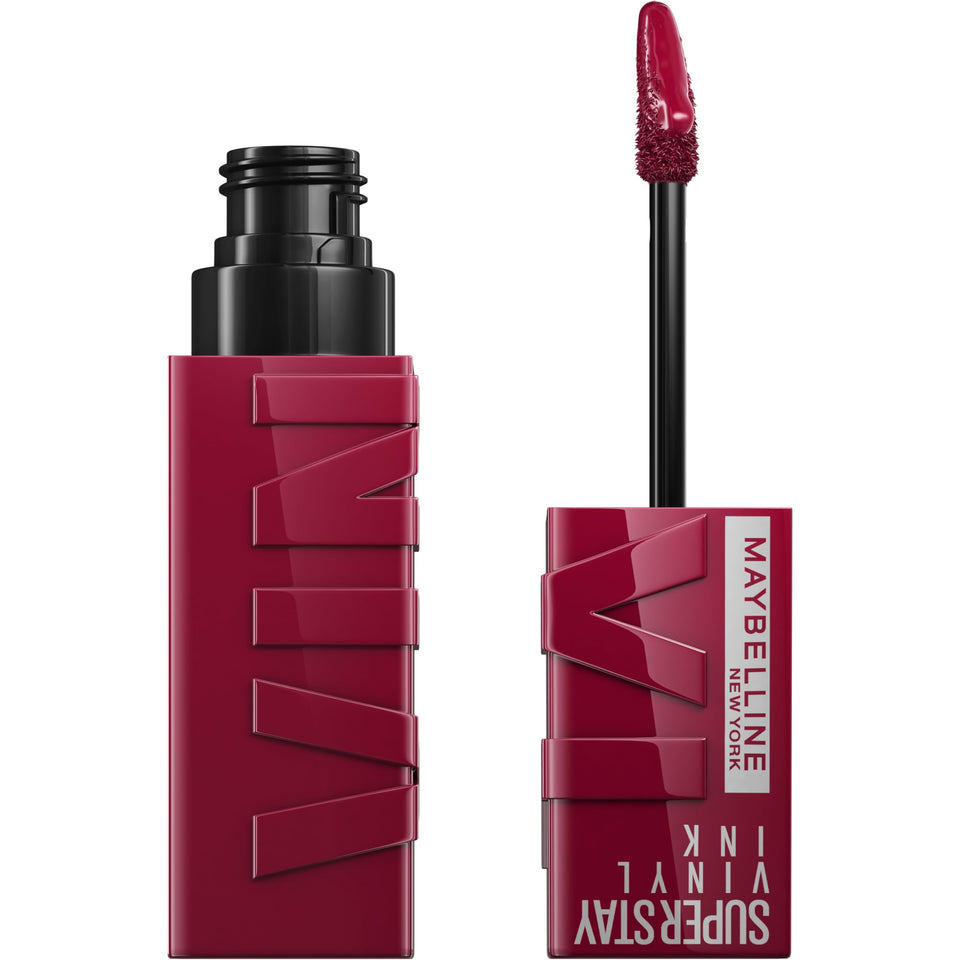 Maybelline front packaging showing berry burgundy shade and glossy finish benefit