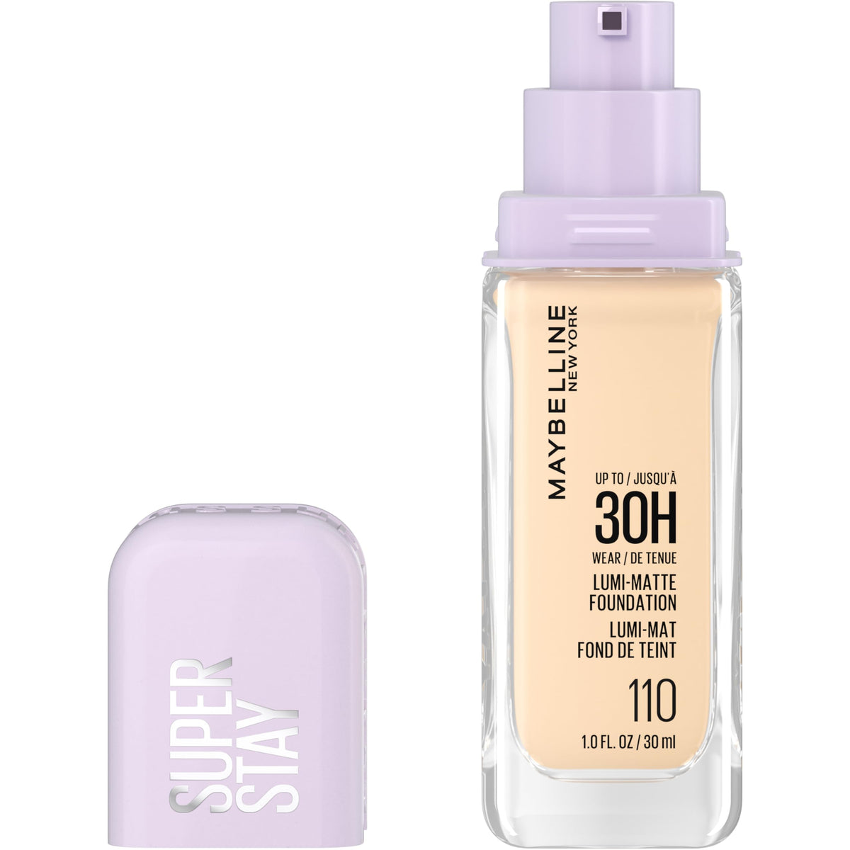 MAYBELLINE front packaging showing bottle and shade 110 for easy identification and confidence