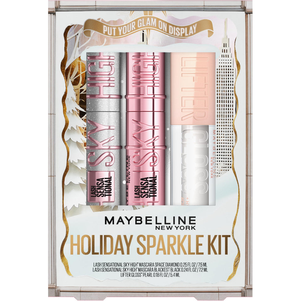 Maybelline front packaging of holiday kit showing gift-ready box and products