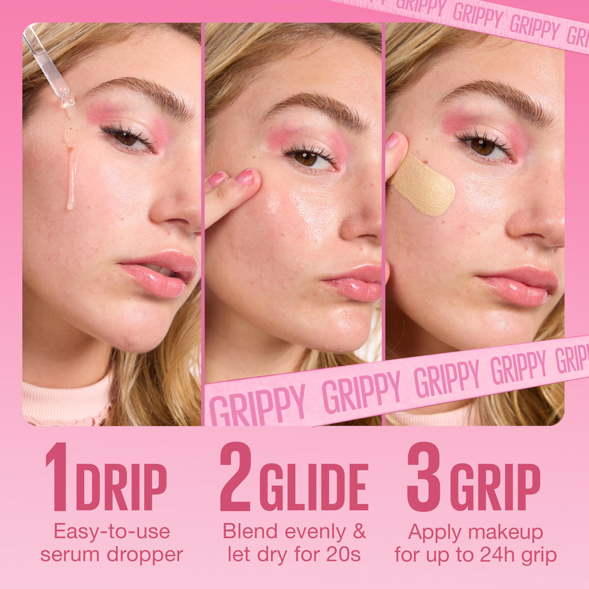 Maybelline Grippy Serum applied on hand demonstrating easy blend and grip